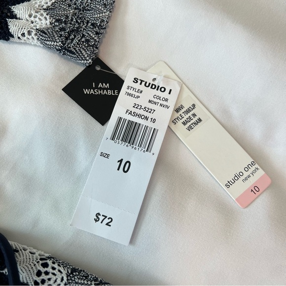 Navy Blue/Gray/White Striped Midi Dress with Unlined Bell Sleeves NWT Sz 10 - Picture 10 of 17